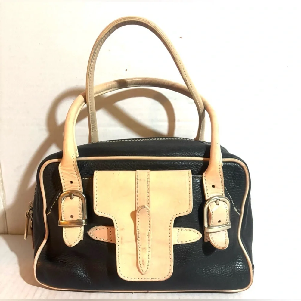 GUIA’S black leather satchel handbag with beige trim